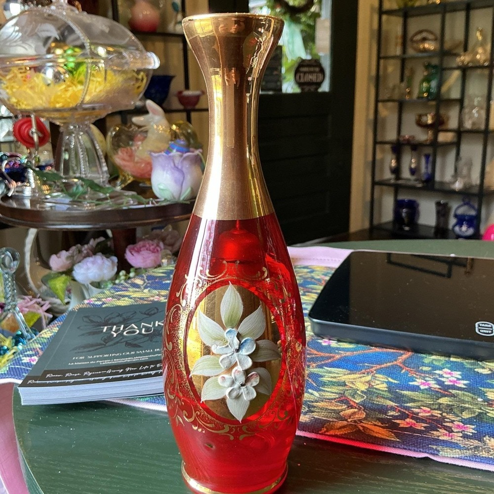 Vintage Bohemian Ruby Red Vase Hand Painted Gold Gilt Raised Floral UV